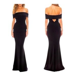 KATIE MAY Legacy Off The Shoulder Navy Crepe Trumpet Gown Dress Size 10 Formal